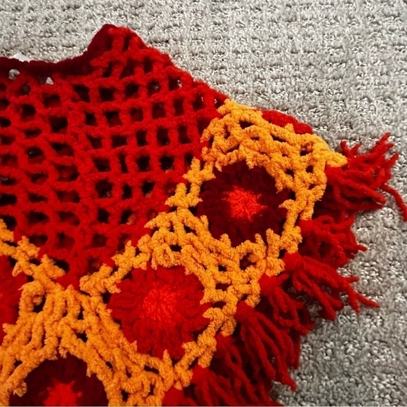 Koala Kids Orange Yellow Crochet Baby Fringed Poncho Festival Hippie 70s Fall - Picture 7 of 7
